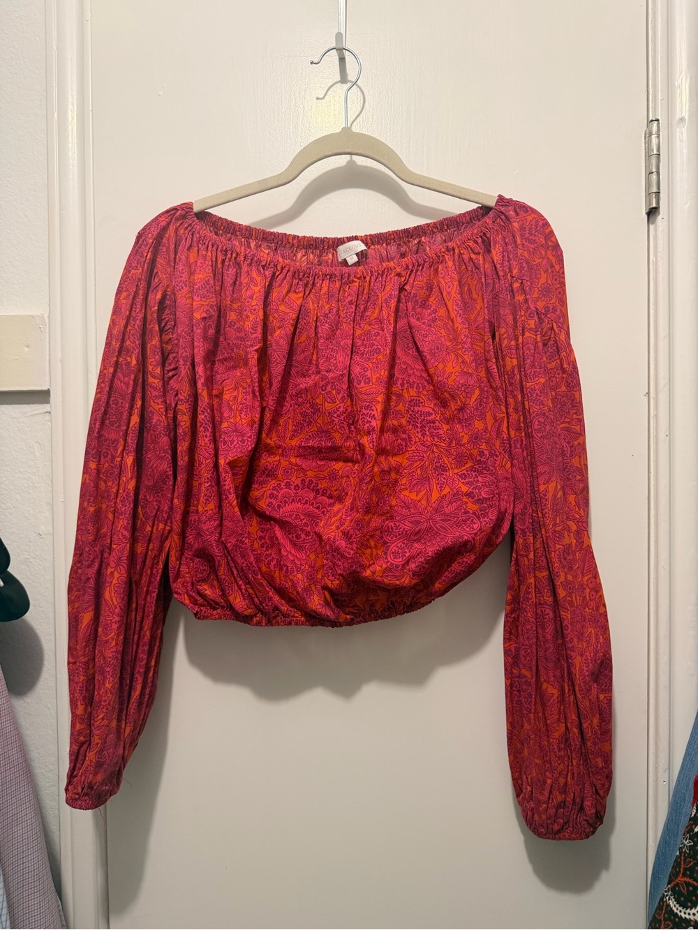 Olivaceous Pink and Orange Off-Shoulder Paisley Crop Blouse